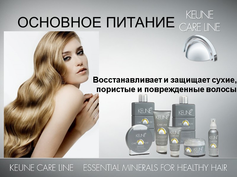 ОСНОВНОЕ ПИТАНИЕ Восстанавливает и защищает сухие,  пористые и поврежденные волосы.